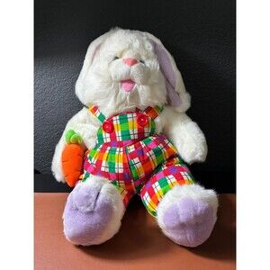 Fairview Vintage Plush White Bunny Rabbit with Plaid Jumpsuit & Carrot
